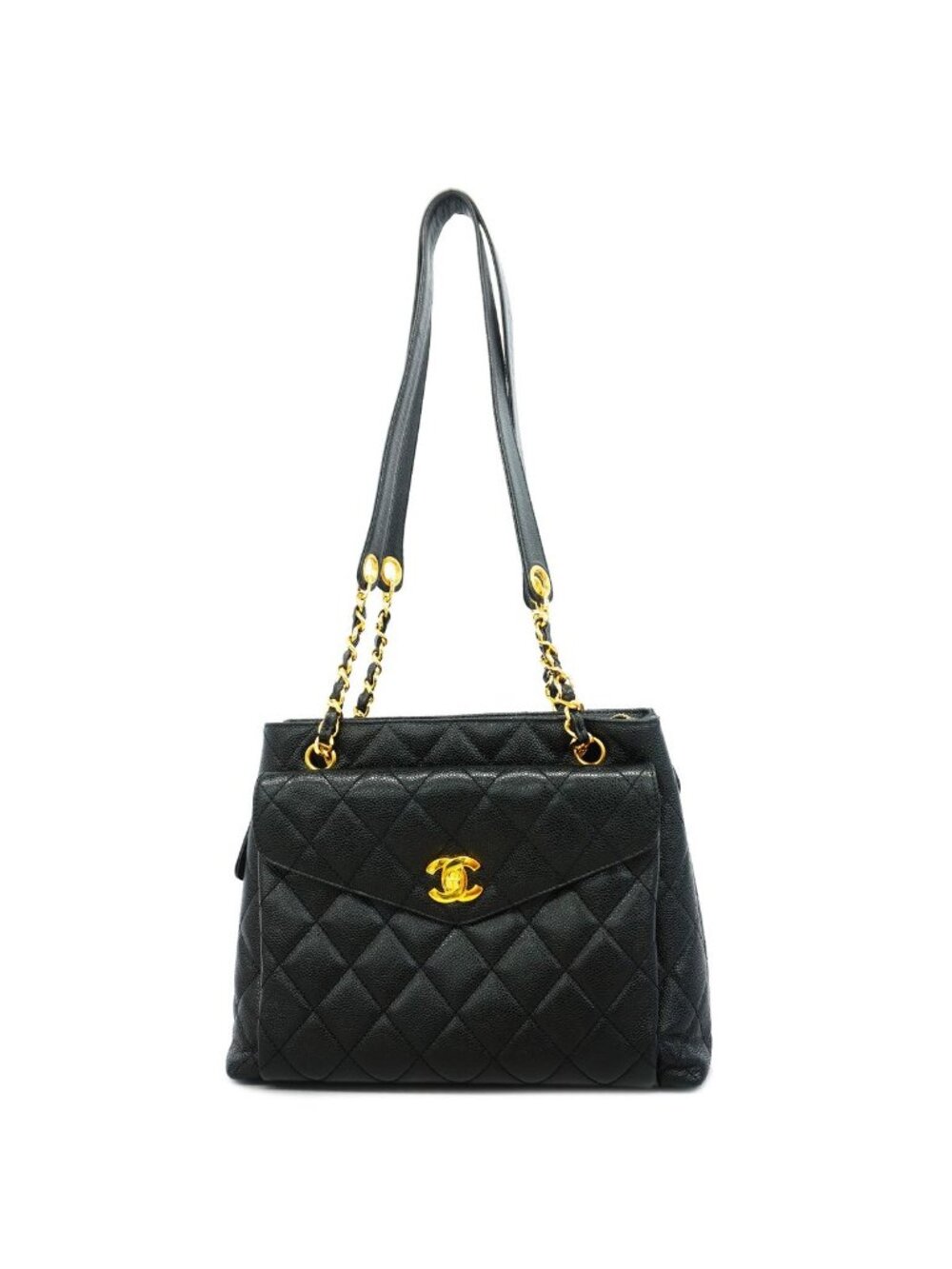 Chanel Chain Tote Bag Quilted Caviar Leather Black Gold